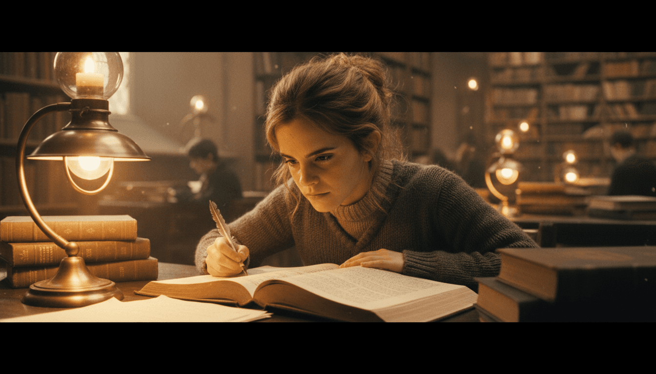 Emma Watson as Hermione Granger in a thoughtful moment with warm library lighting